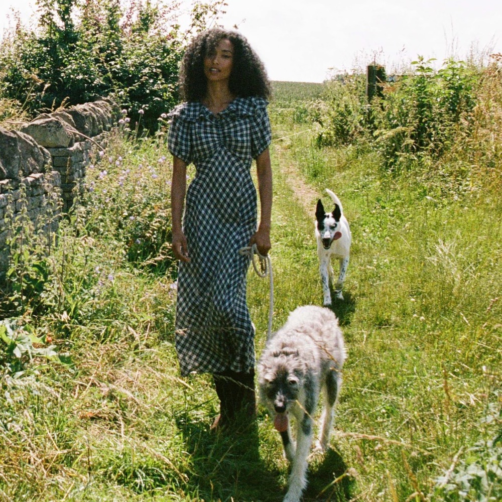 Checked Puff-Sleeve Maxi Dress in Navy/White